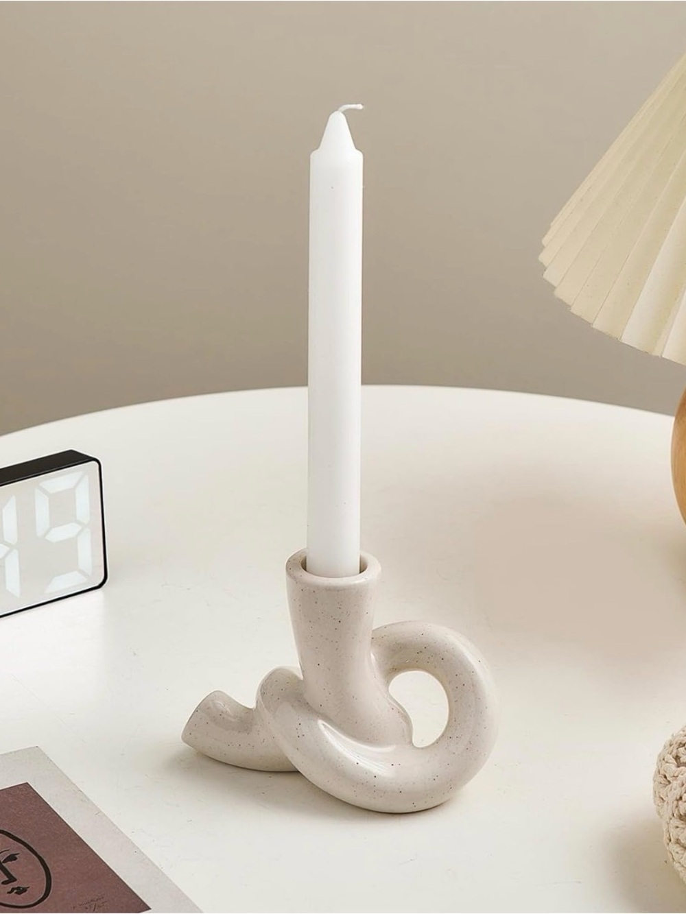Ceramic Sculptural Candle Holder in Speckled Cream - Modern Home Accent